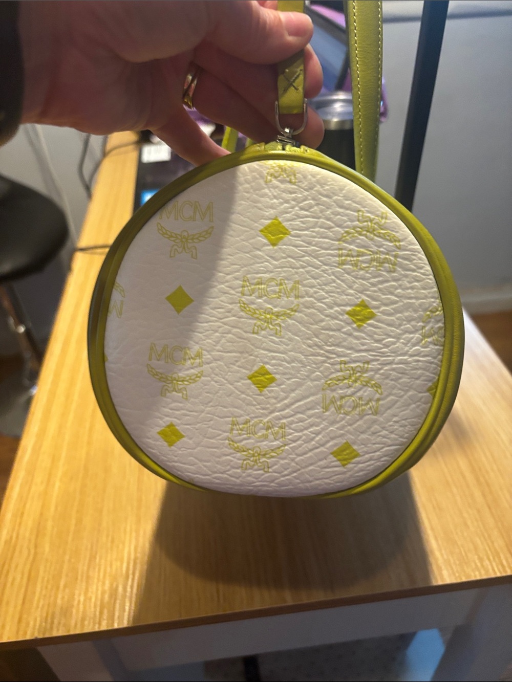 MCM limited edition suede stripes suede inside white and Lime Barrel Satchel - Picture 8 of 17